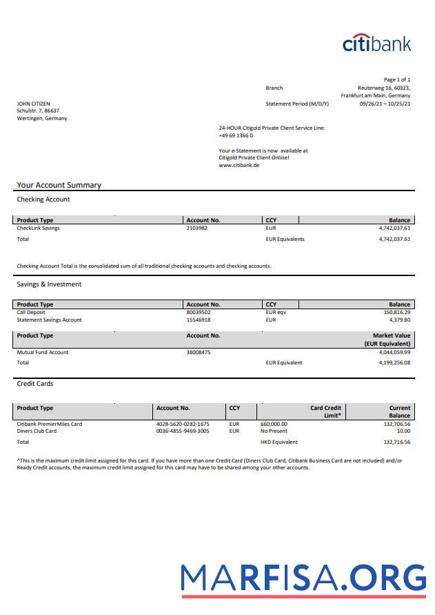 Printable Germany Citibank word real example